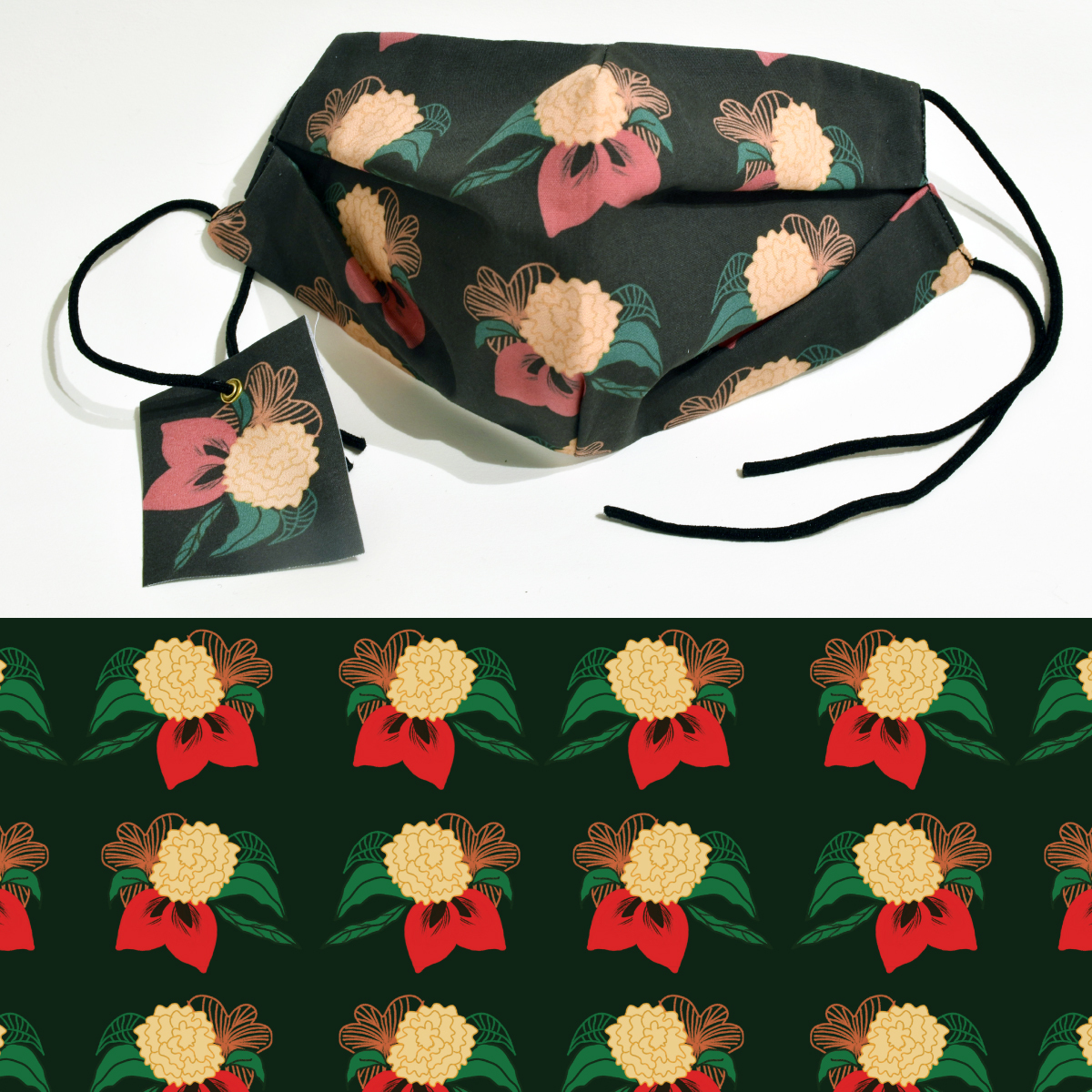 Photo of a fabric mask above a detail image of the fabric pattern: a repeating red, beige, and green floral design on a black background.