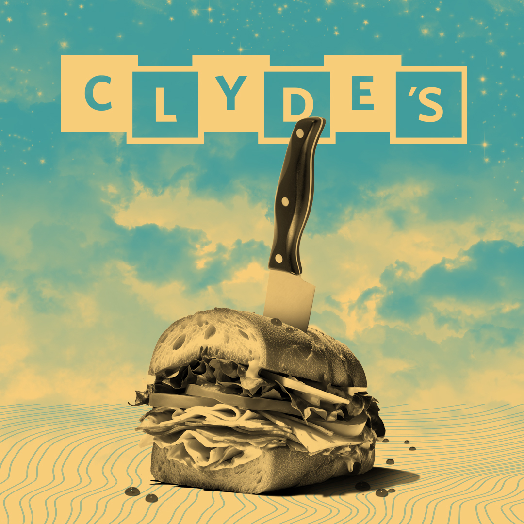 The name CLYDE'S above a half sandwich with a knife sticking vertically out of its top, as if the sandwich has been stabbed.