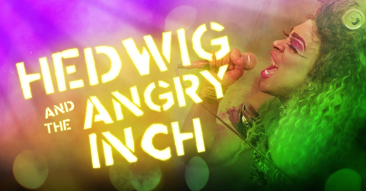The title "Hedwig and the Angry Inch" in glowing yellow stenciled type on an amorphous background of fuchsia, gold, and green. Hedwig sings 