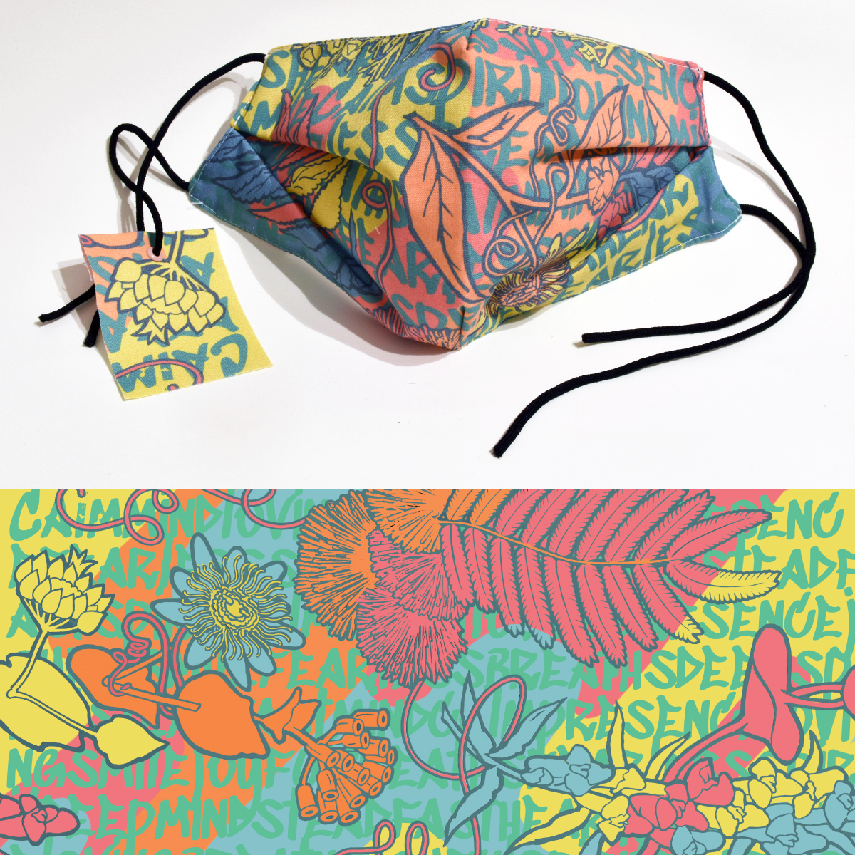 Photo of a fabric mask above a detail image of the fabric pattern, realistic line-drawings of flowers and plants combined with patches of pastel colors and obscuring horizontal rows of capital letters in a handwritten font style.