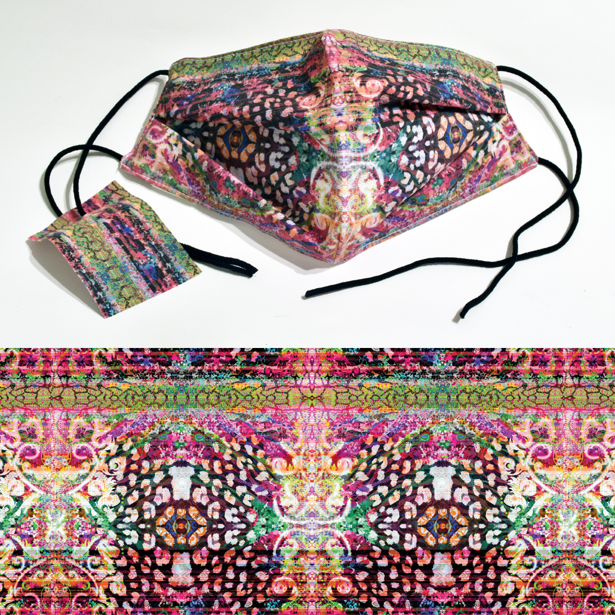 Photo of a fabric mask above a detail image of the fabric pattern, an intricate and multicolored repeating design.