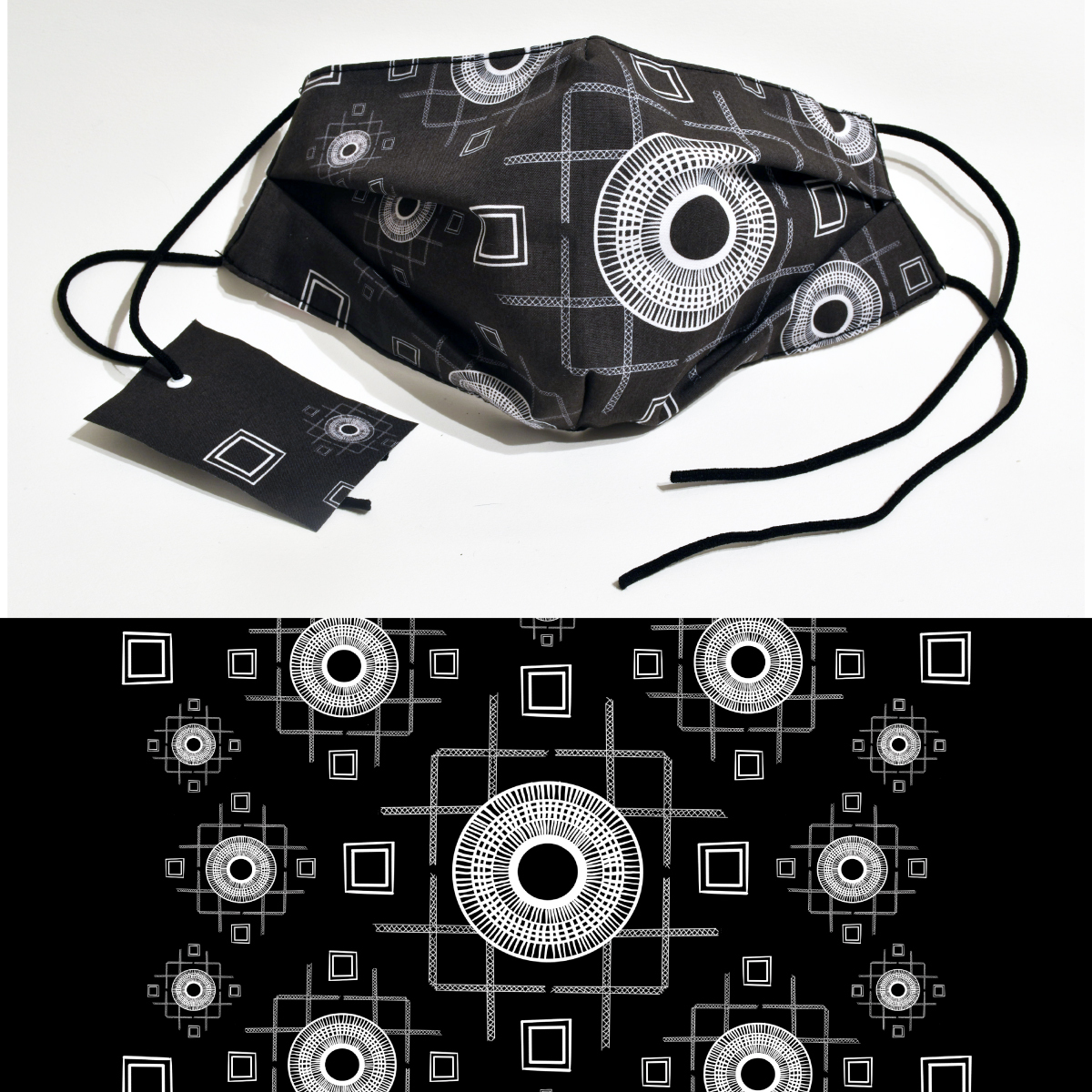 Photo of a fabric mask above a detail image of the fabric pattern, a geometric pattern of circular shapes and grids in white on a black background.