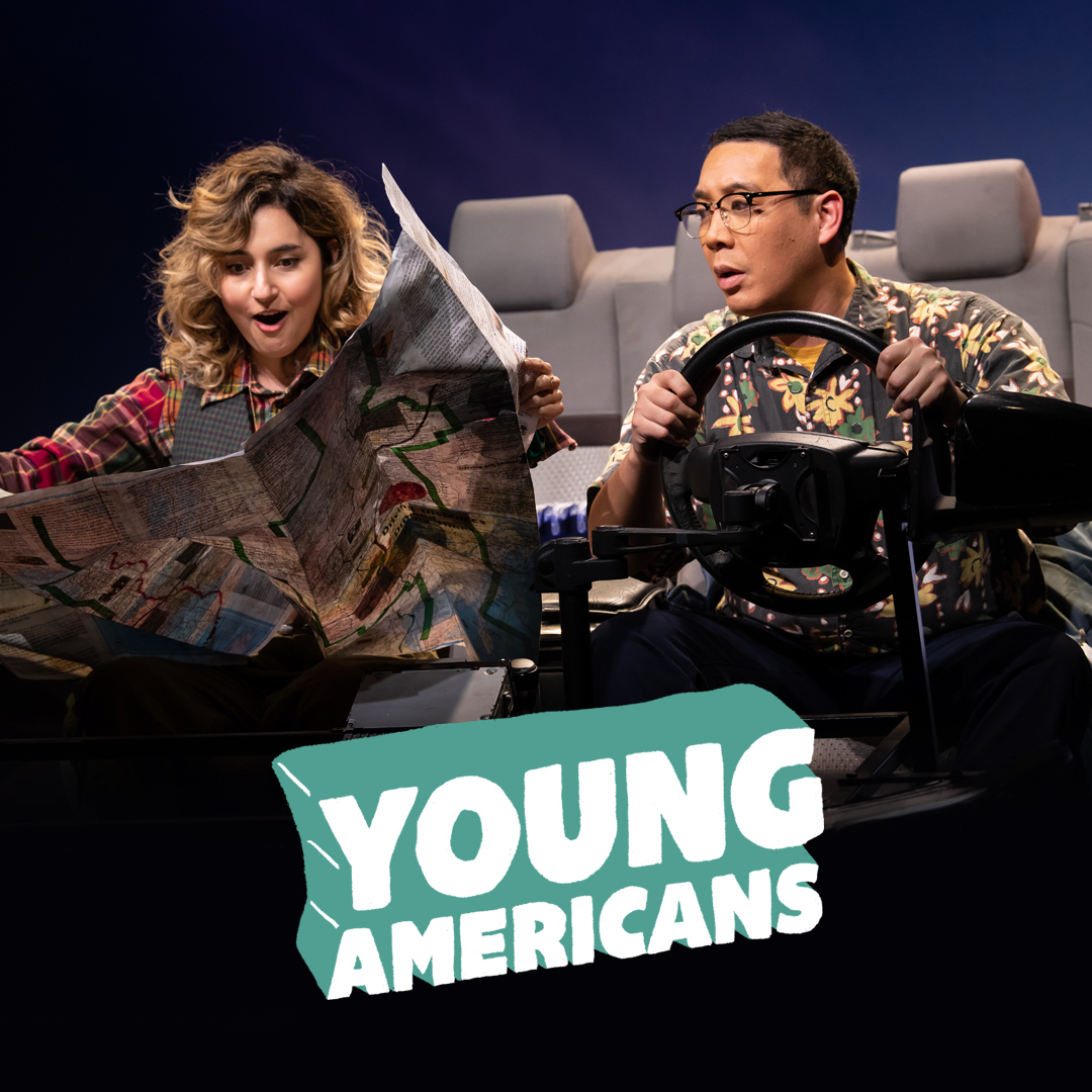 A man drives a car as a woman in the passenger seat looks excitedly at an open map. The title "Young Americans" appears below.