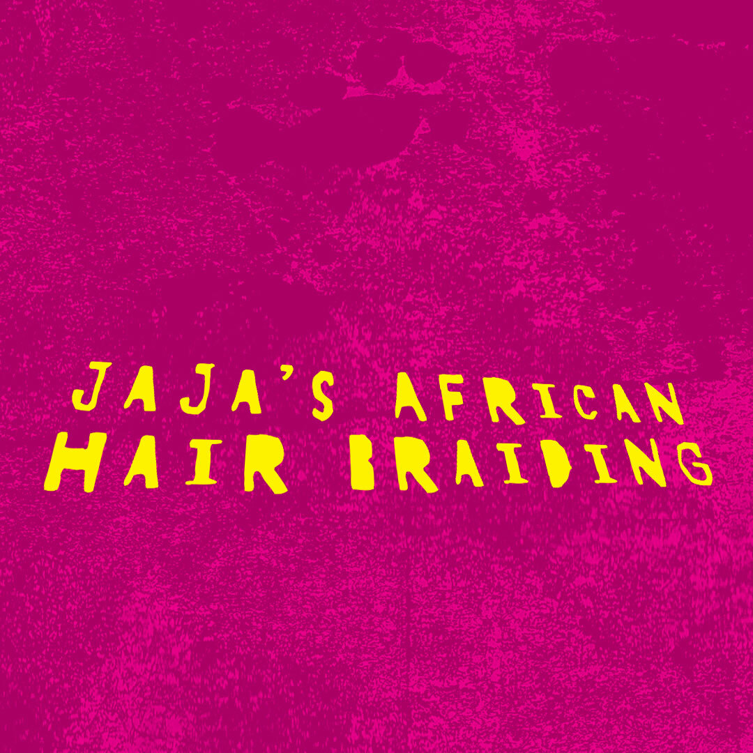 Jaja’s African Hair Braiding, in an irregular yellow font on a grungy background of magena, crinkled-paper texture.