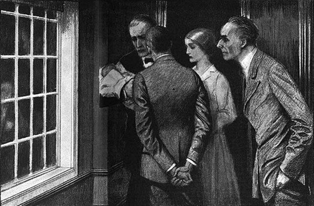 Black and white illustration of a man standing in a room holding a baby as two men and a woman stand close by, looking on with concern.