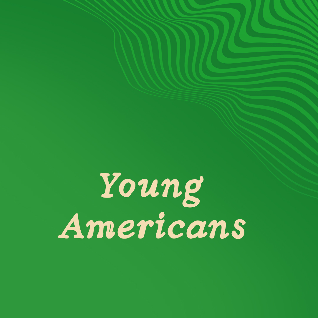 The title "Young Americans" in pink on a pink patterned background with black stripes below.