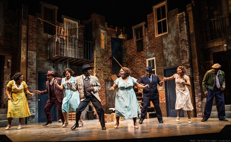 (L-R) Charity Angél Dawson, David Jennings, Olivia Phillip, André Ward, Maiesha McQueen, DeMone, Mia Michelle McClain and David St. Louis in "Ain't Misbehavin'" at Portland Center Stage. Photo by Patrick Weishampel/blankeye.tv.