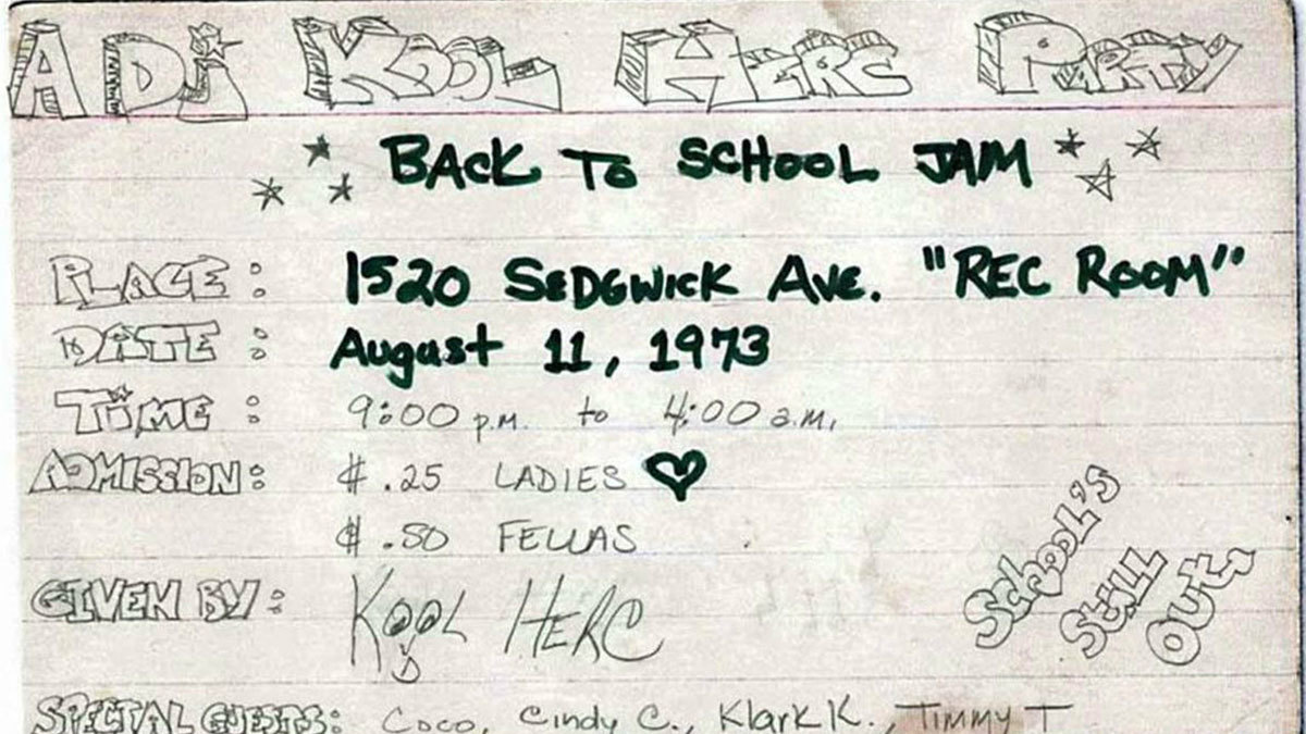 The original DJ Kool Herc party flyer, hand-written on notebook paper in pencil and black ink.
