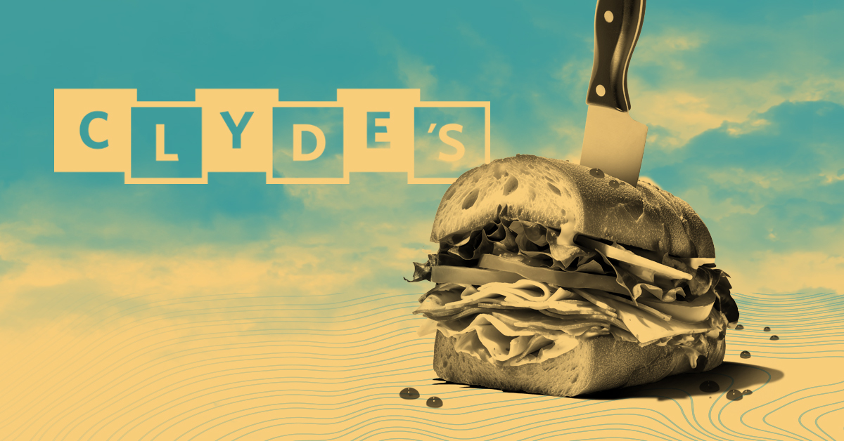 The name CLYDE'S above a half sandwich with a knife sticking vertically out of its top, as if the sandwich has been stabbed.