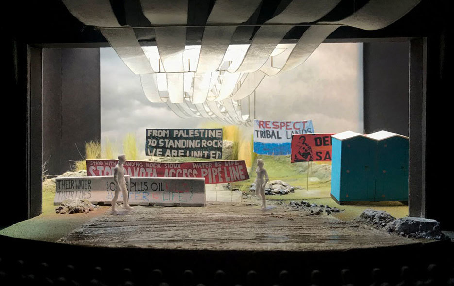 The set model for&nbsp;Crossing Mnisose&nbsp;displaying a scene that takes place during the protest at Standing Rock. The set is designed by the Tony Award-winning scenic designer Todd Rosenthal.