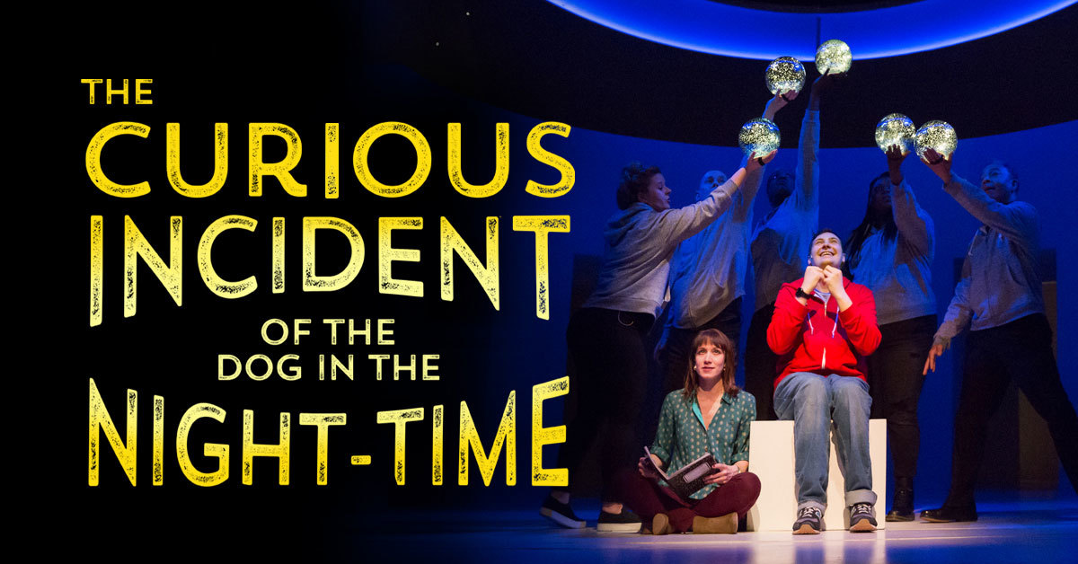 The title "The Curious Incident of the Dog in the Night-Time" in yellow to the right of a white man in a red hoodie and blue jeans is seated on a box, looking up and smiling. Beside him a white woman with long brown hair in a green patterned shirt and brown pants is seated on the floor holding an open book. Behind them, other actors hold crystal balls above their heads, bathed in blue stage light.