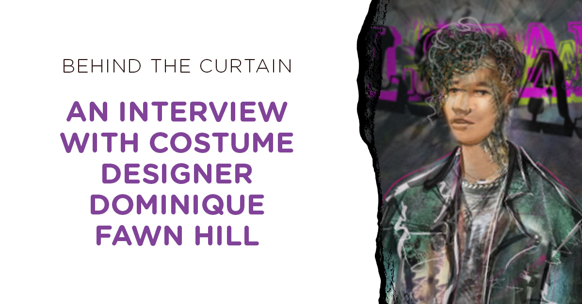 Text "An Interview with Costume Designer Dominique Fawn Hill", above a drawing of a young man wearing punk rock attire.