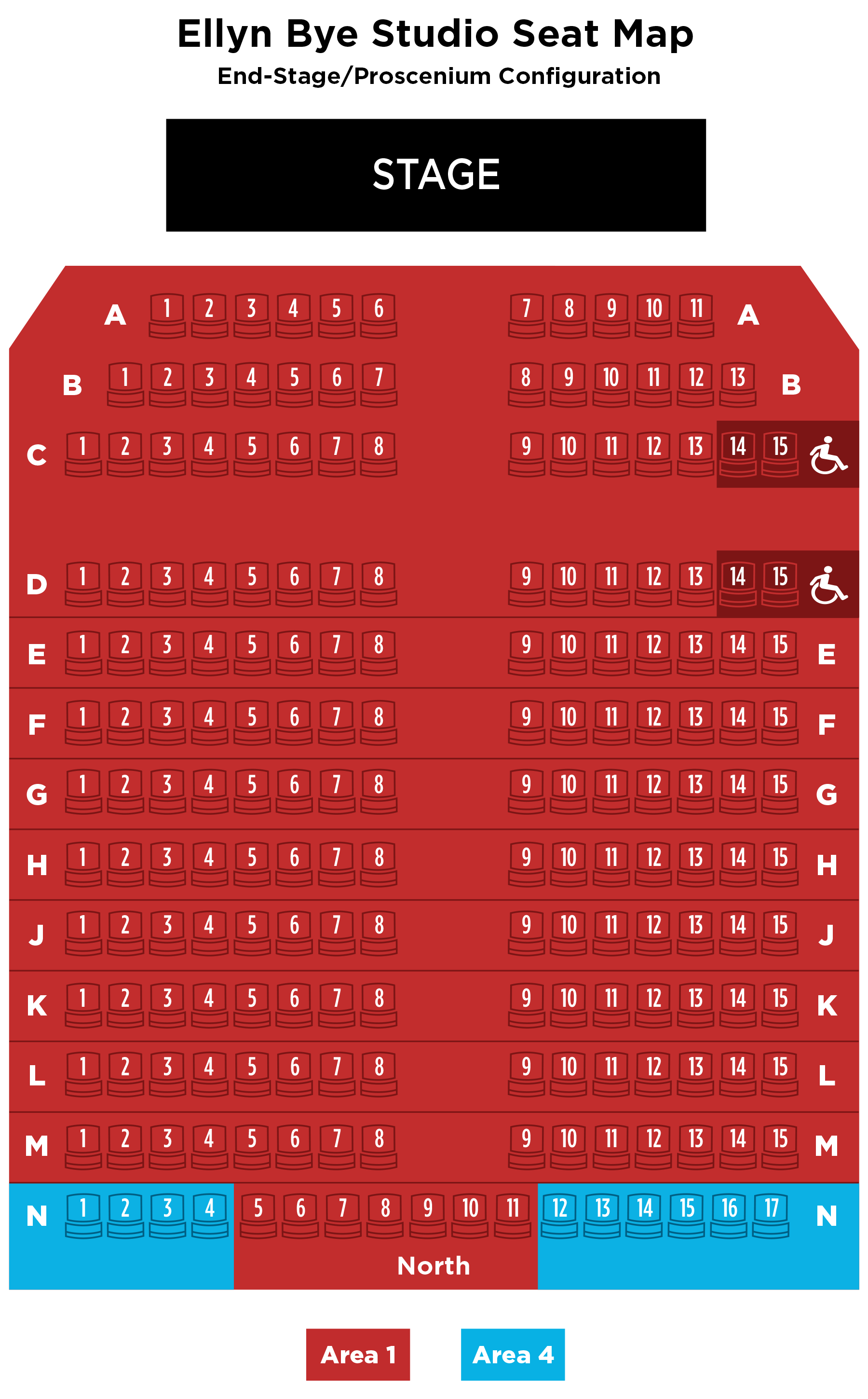 A map of the Ellyn Bye Studio with seats in the end-stage or proscenium configuration.