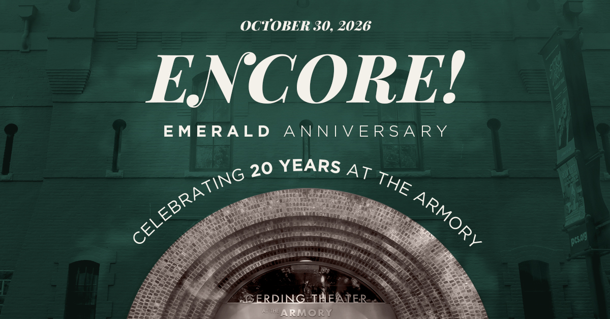 Encore! Emerald Anniversary typed out over the archway of a brick building.