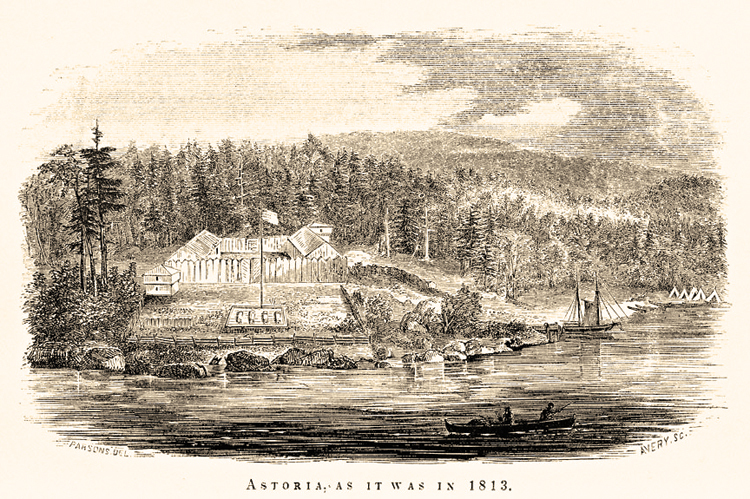 An illustration of the trading post in Astoria as it was in 1813.