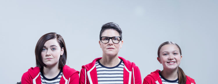 Left to right: Medium Alison (Sara Masterson), Alison (Allison Mickelson) and Small Alison (Aida Valentine) in Fun Home at The Armory.