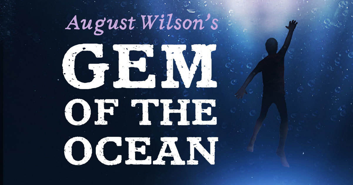 The title "August Wilson’s Gem of the Ocean" in lavender and white beside a silhouette of a person submerged in dark blue, bubbly water, one