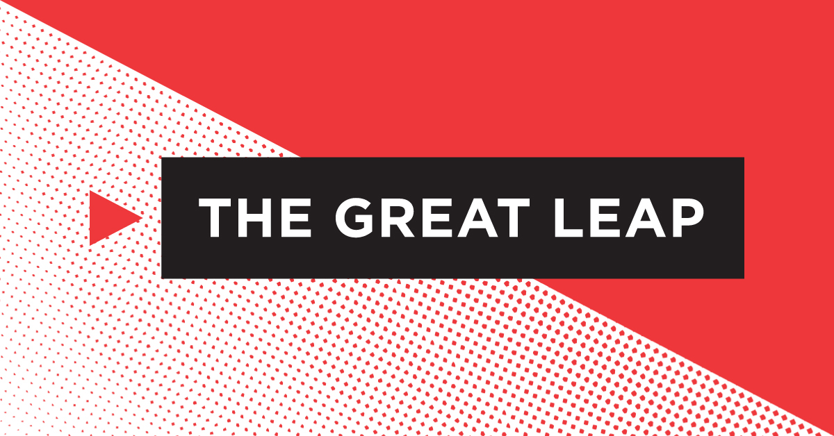 Graphic with the title "The Great Leap" in a black box on an abstract red background.