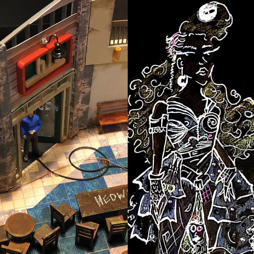 A two-image collage showing detail from the Hedwig set design model on the right and detail of a Hedwig costume design drawing on the left.