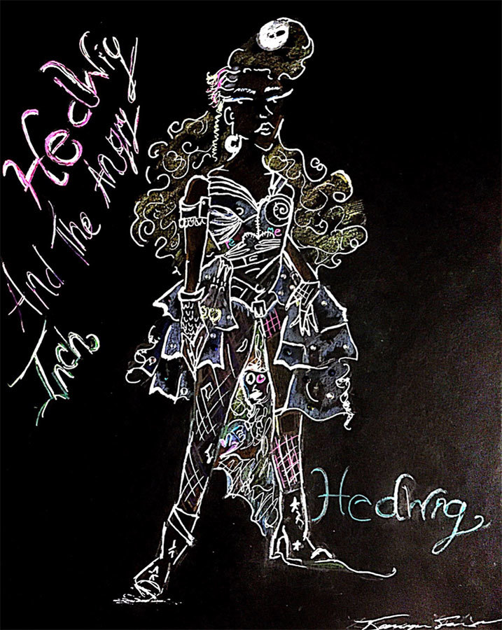 Design rendering of Hedwig in costume, painted and labeled in white and various colors on a black background.