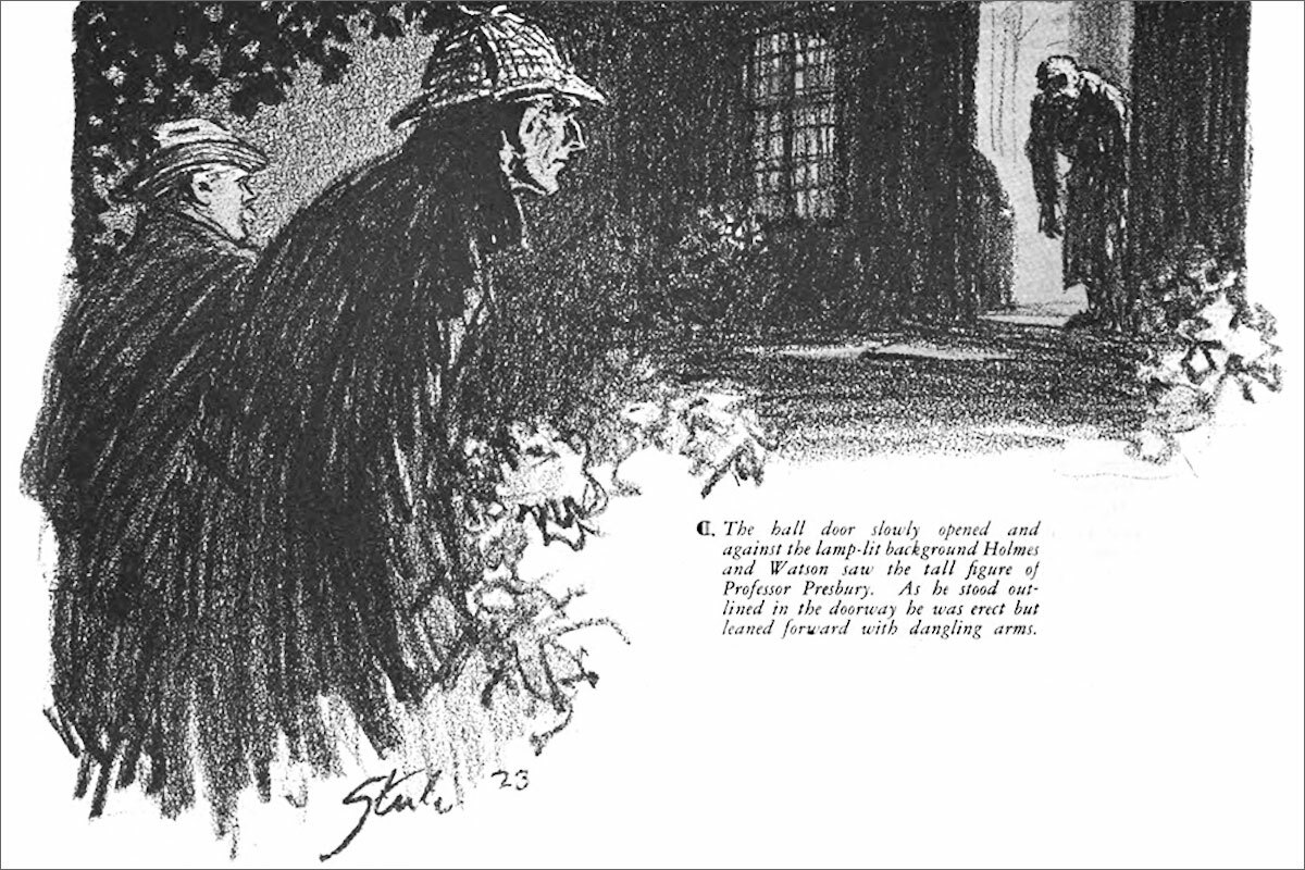 Black and white drawing of two men approaching a house at night, where a stooped figure stands silhouetted in a lit doorway.