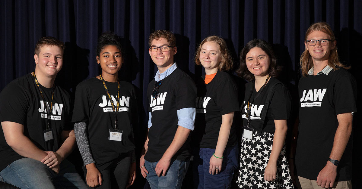 Promising Playwrights 2019&nbsp;(L to R):&nbsp;Declan Fooks,&nbsp;Aiyana Thompson, &nbsp;Django Boletus, Katherine Hardenbergh, Natalia Bermudez, and Max Nevers