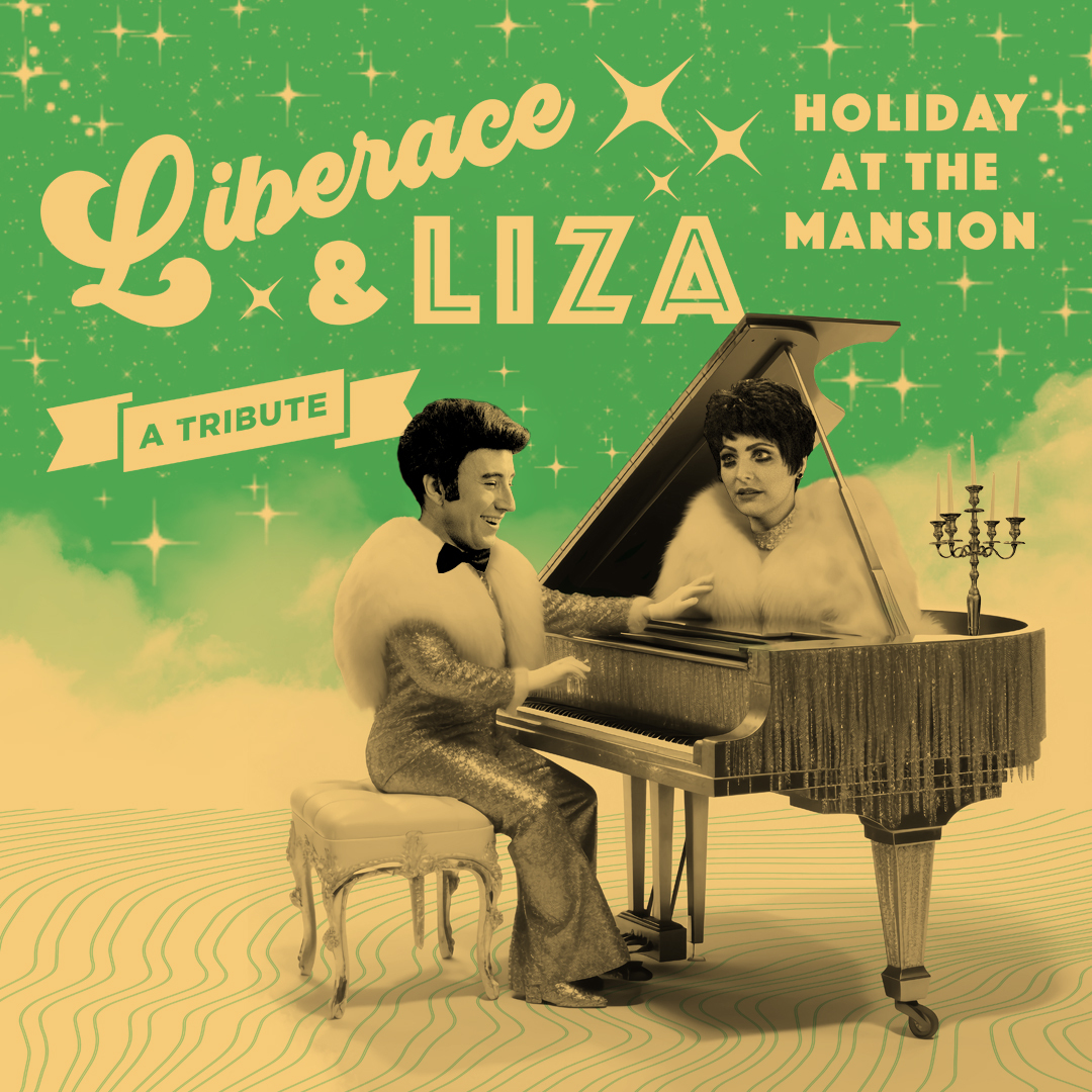The play title above a caricature-like 'Liberace' sitting at a grand piano with 'Liza' coming out of the piano's top.