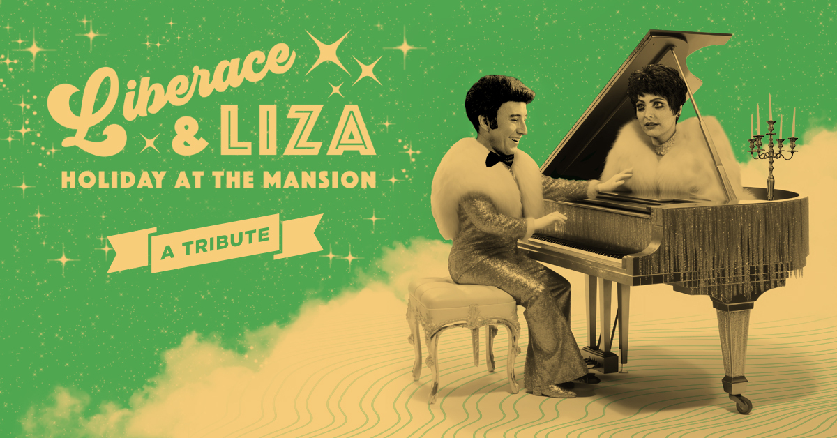 The play title beside a caricature-like 'Liberace' sitting at a grand piano with 'Liza' coming out of the piano's top.