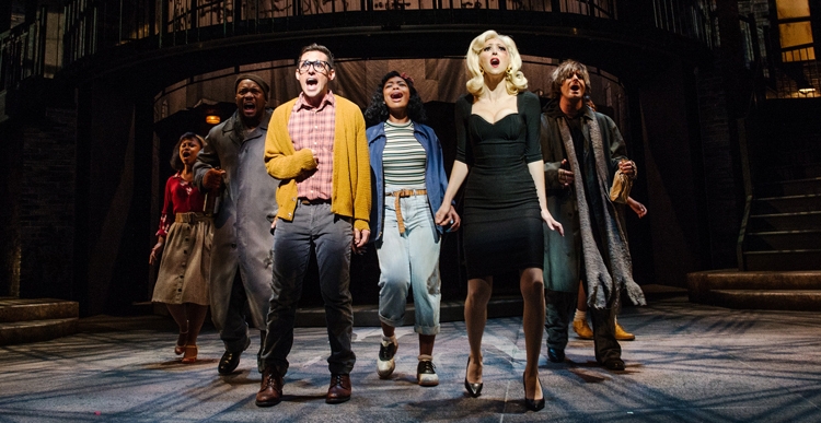 (L-R) Alexis Tidwell as Crystal, Chaz Rose as Wino #2, Nick Cearley as Seymour, Johari Nandi Mackey as Chiffon, Gina Milo as Audrey, Jamison Stern as Wino #1, and Ebony Blake as Ronnette. Photo by Patrick Weishampel.