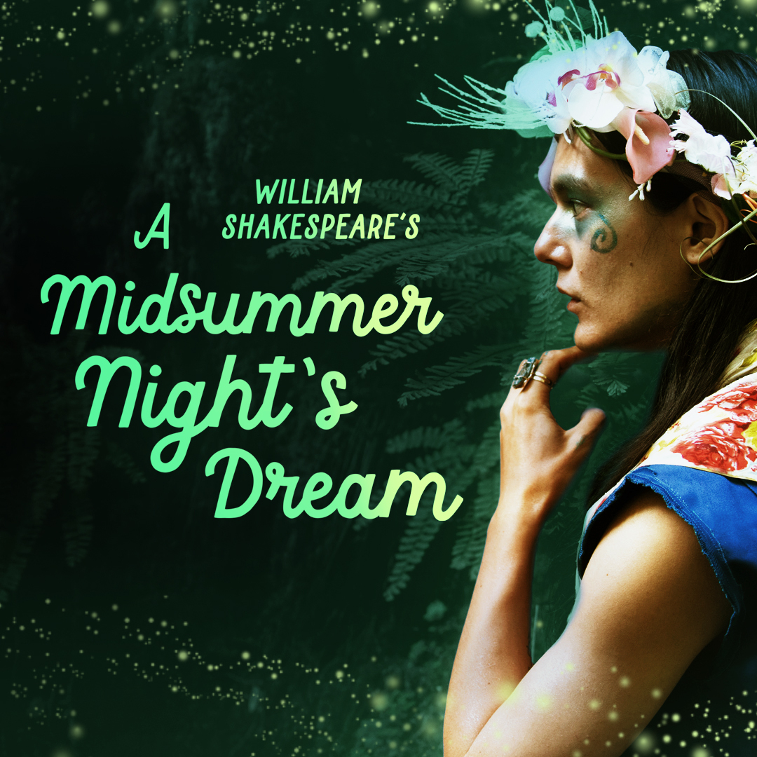 The title "A Midsummer Night’s Dream," green foliage, and flowers frame a couple frolicking hand in hand, silhouetted by a large, full moon.