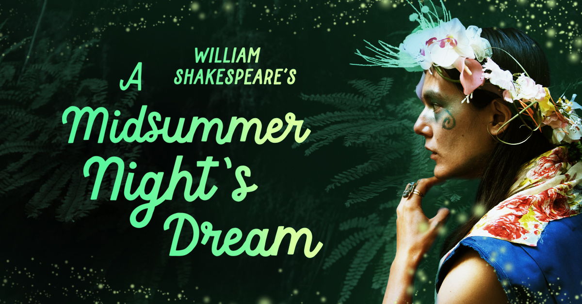 The title "A Midsummer Night’s Dream," green foliage, and flowers frame a couple frolicking hand in hand, silhouetted by a large, full moon.