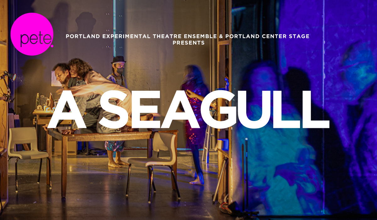 The words A SEAGULL in on a background image of a couple piggybacked and kneeling on top of a table as other people stand nearby.