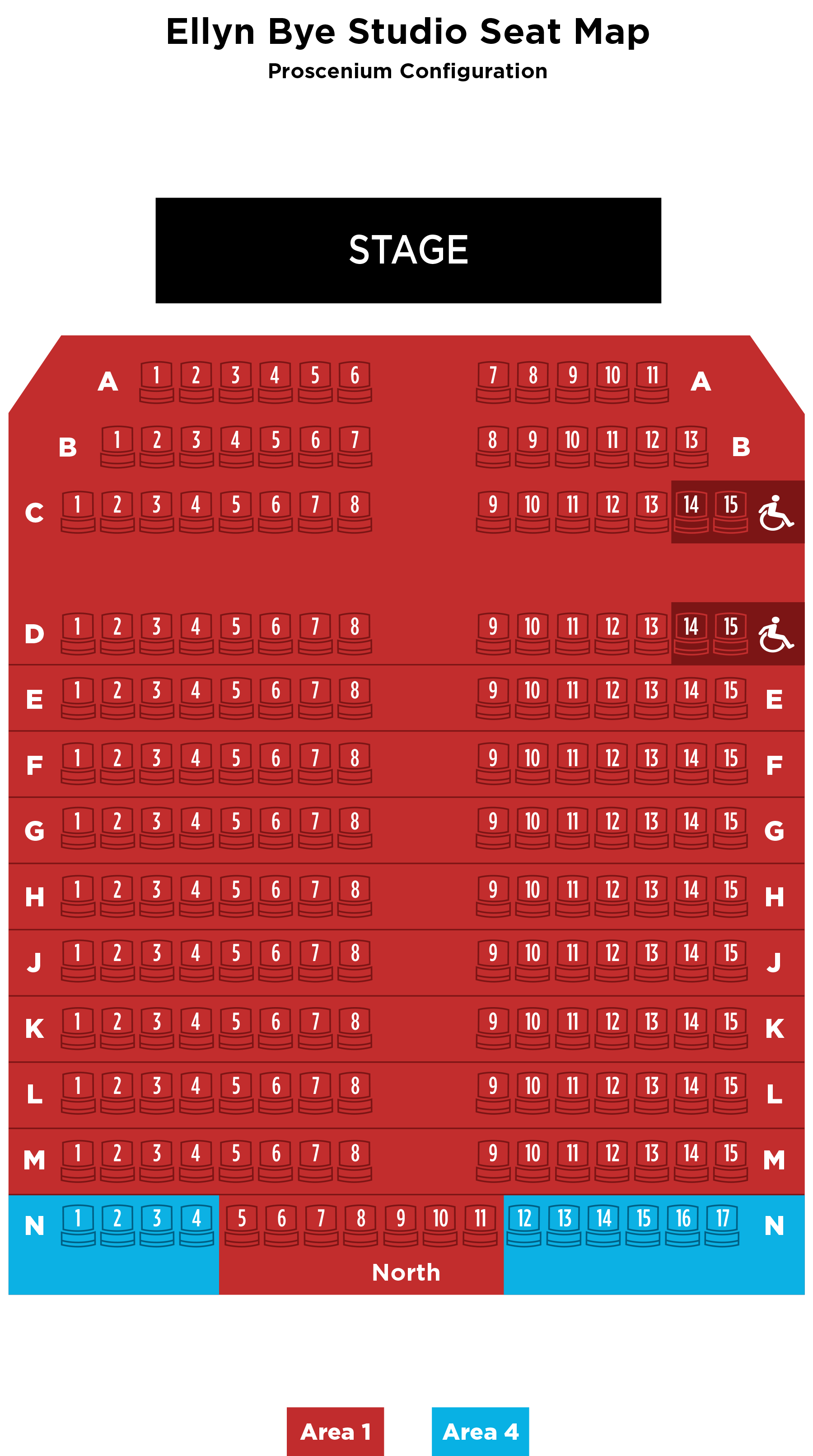 A map of all seats in the Ellyn Bye Studio theater when in the proscenium configuration.