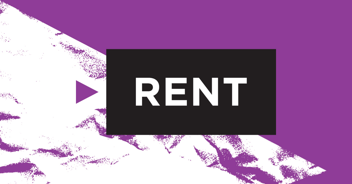 Graphic with the title "Rent" in a black box on an abstract purple background.