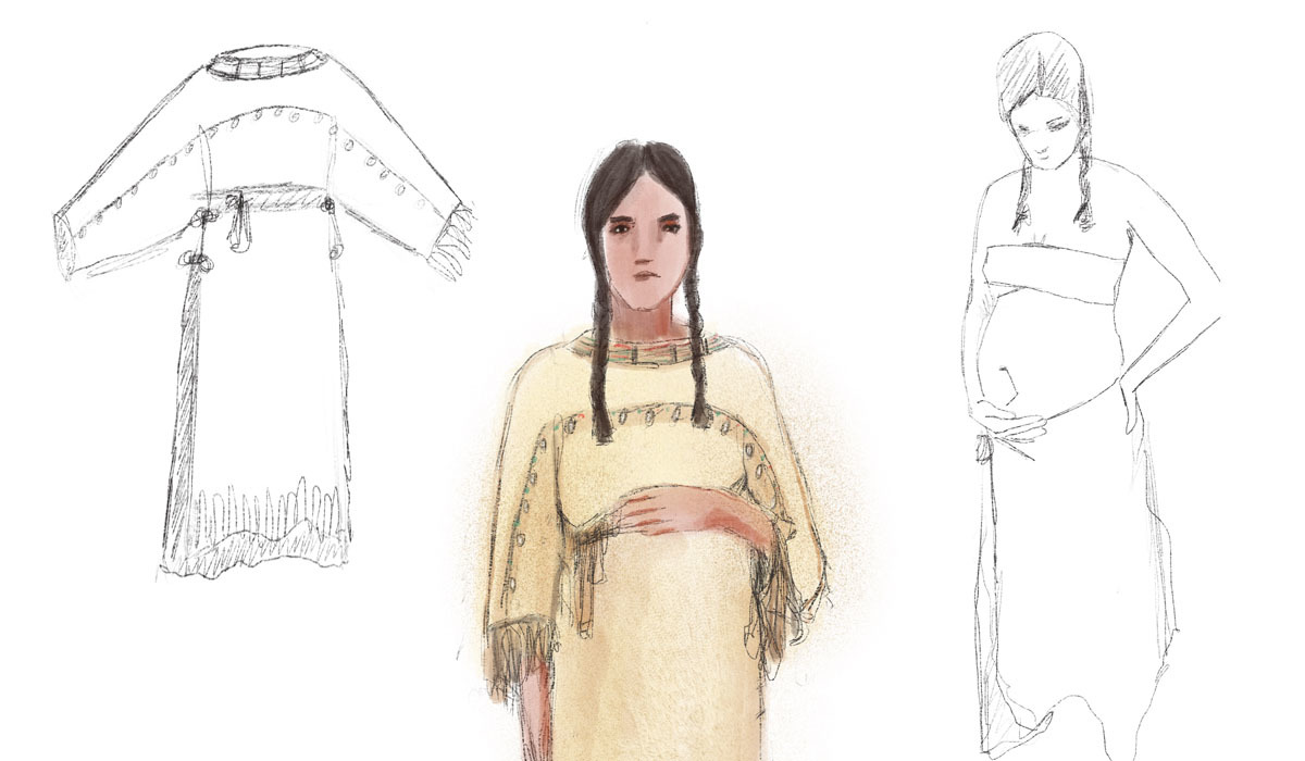Pictured: The costume design rendering for the character of Sacajawea in Crossing Mnisose, created by costume designer Alison Heryer.