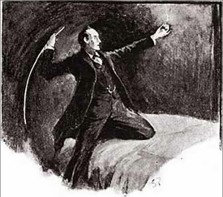 Black and white illustration of a man leaning with one knee on a bed, preparing to swing a whip or sword.