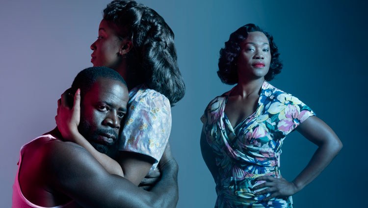 L-R: Demetrius Grosse as Stanley, Kristen Adele as Stella and Deidrie Henry as Blanche in Portland Center Stage's A Streetcar Named Desire.