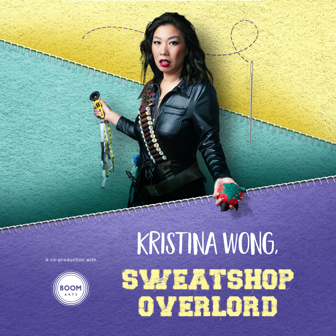 The title "Kristina Wong, Sweatshop Overlord" with a woman in a leather jumpsuit brandishing a tomato pin cushion and sewing tools.