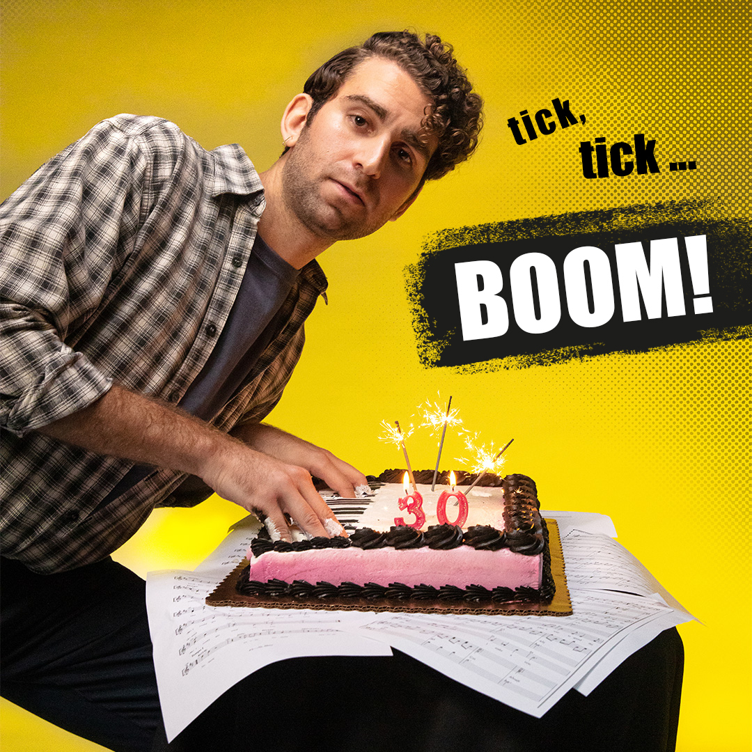 The title "tick, tick ... BOOM!" with a birthday cake that has been nearly flattened by a large, cartoonish bomb among the candles.