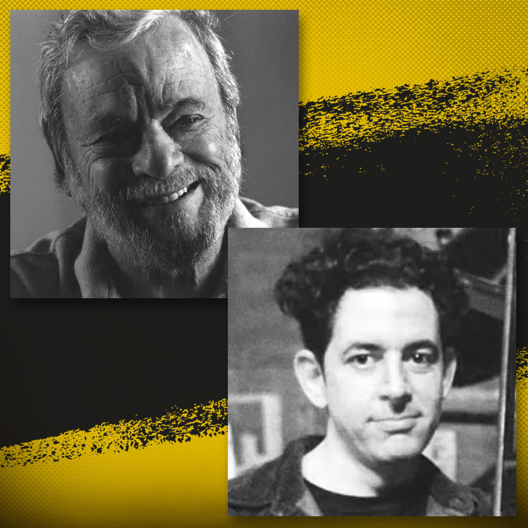 Black and white photos of Stephen Sondheim and Jonathan Larson on a black and yellow abstract background.