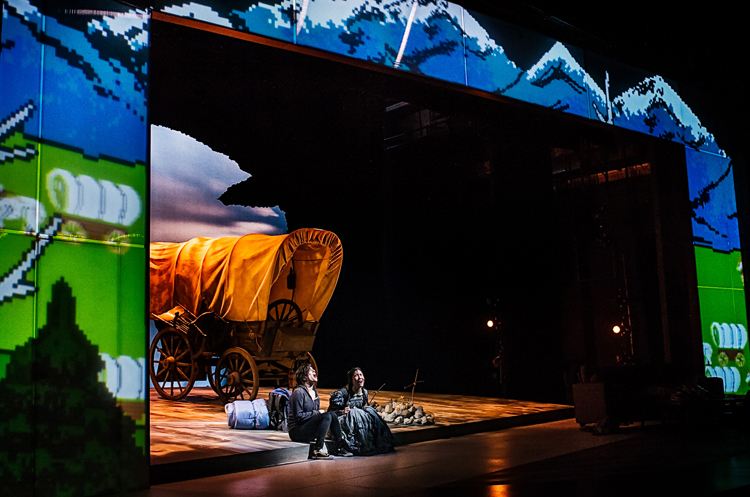 (L-R) Sarah Baskin as Now Jane and Alex Leigh Ramirez as Then Jane in Bekah Brunstetter's The Oregon Trail. Photo by Patrick Weishampel/blankeye.tv.