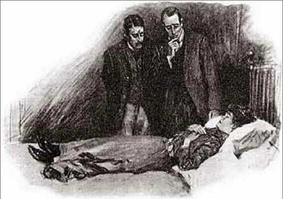 Black and white illustration of two men standing, looking pensive, over the body of a woman lying on a bed.