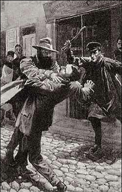 Black and white illustrated Victorian street scene of a man attacking another man as a constable approaches with a raised billy club.