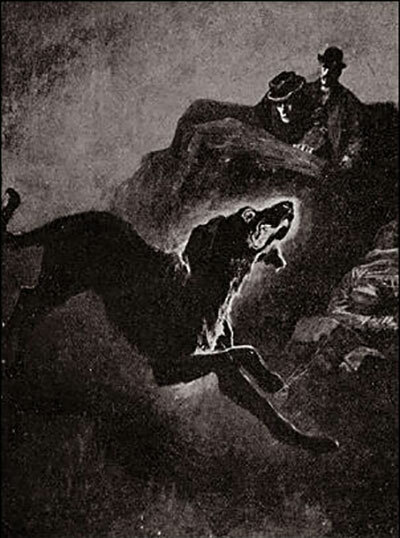 Black and white illustration of a large dog running on a hillside at night as two men look on from behind some rocks in the background.