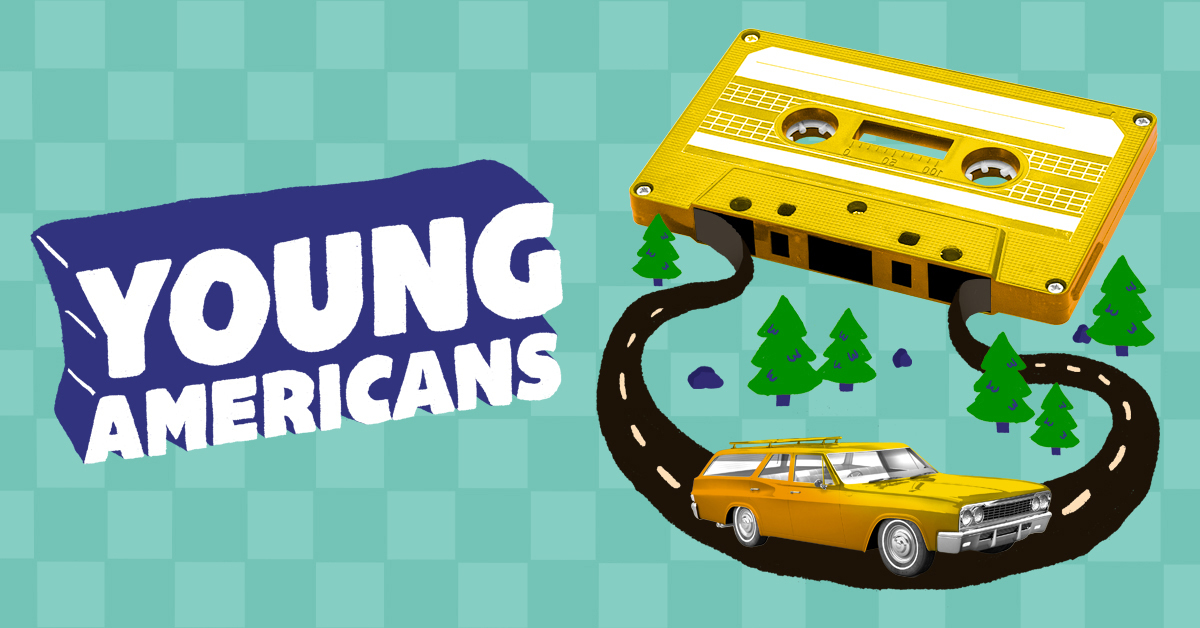 The title "Young Americans" above artwork of a yellow audio cassette whose tape becomes a tree-lined highway on which a yellow car drives.