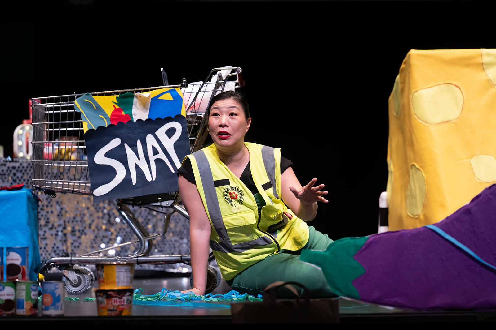 Kristina Wong sitting on the floor in front of a grocery cart with a SNAP sign