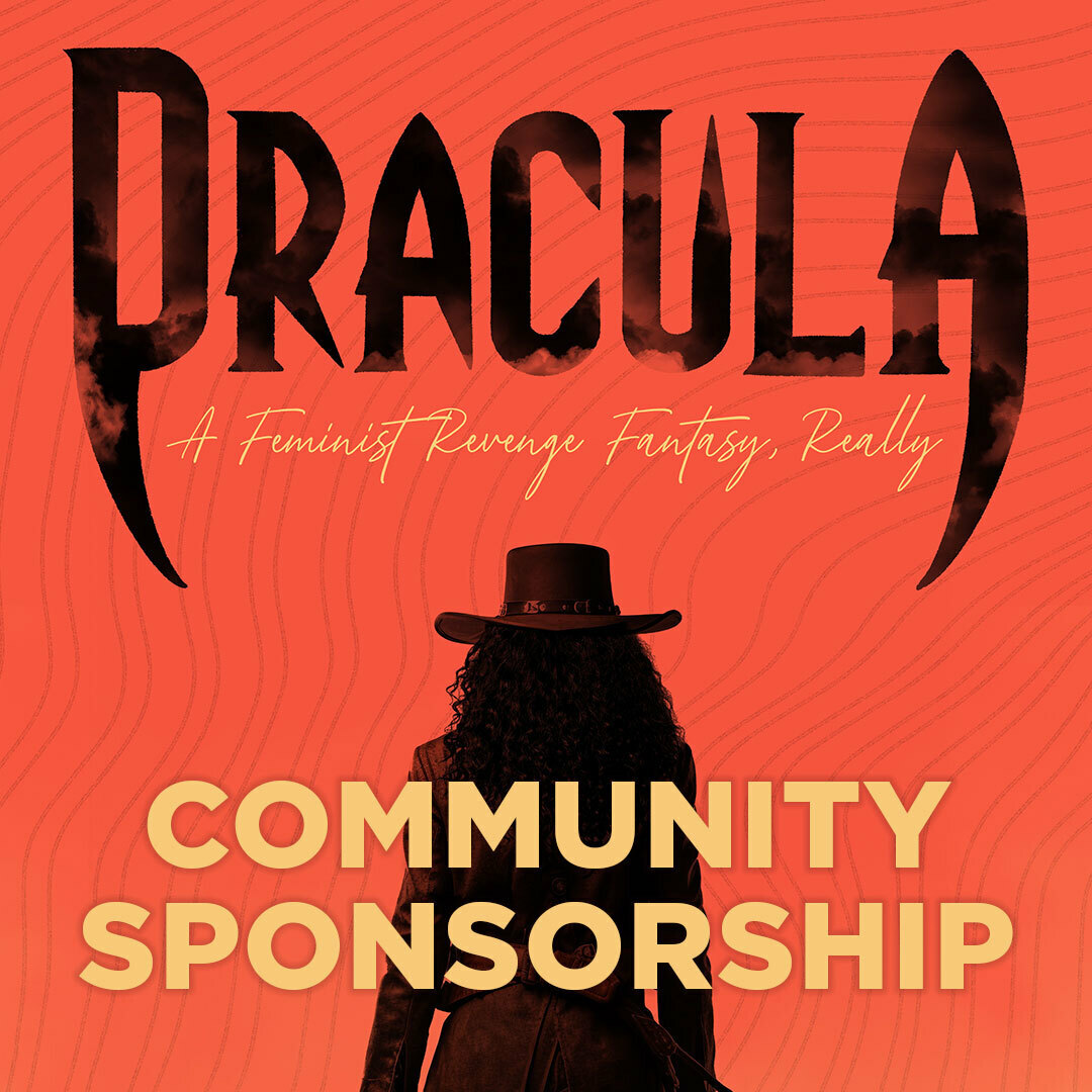 The play title above the silhouette of a woman in a western coat and hat, behind the words 'Community Sponsorship.'