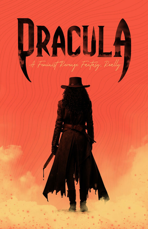 The play title above the silhouette of a woman in a long western coat and hat, carrying a wooden stake dripping with blood.