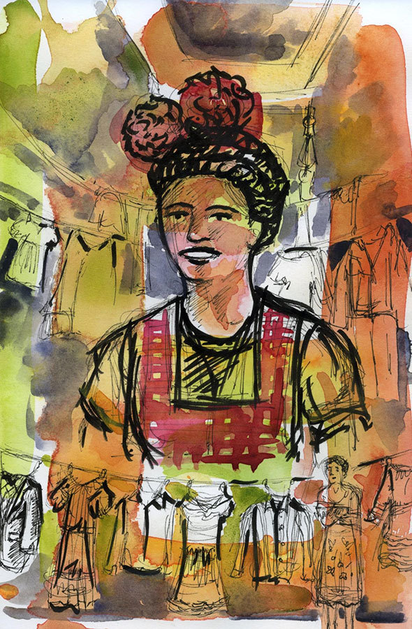 Black ink and watercolor in greens, oranges, and reds, showing a smiling Frida surrounded by clothes hanging from clotheslines..