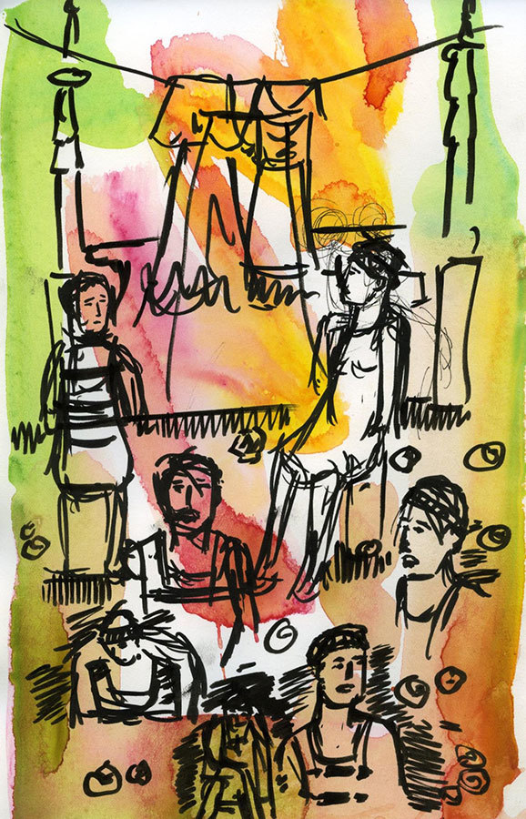 Black ink and watercolor in greens, oranges, and pinks, showing Frida's bed, two hanging dresses, and a woman in six different poses.